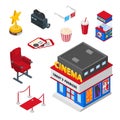 Cinema theater vector 3d isometric icons and design elements set. Tickets, popcorn illustration. Watching movie concept Royalty Free Stock Photo