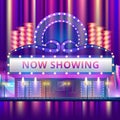 Cinema theatre building exterior. Movie entrance with retro light marquee banner vector illustration Royalty Free Stock Photo