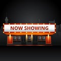 Cinema theatre building exterior. Movie entrance with retro light marquee banner vector illustration Royalty Free Stock Photo