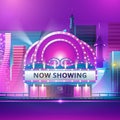 Cinema theatre building exterior. Movie entrance with retro light marquee banner vector illustration Royalty Free Stock Photo