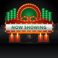 Cinema theatre building exterior. Movie entrance with retro light marquee banner vector illustration Royalty Free Stock Photo