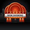 Cinema theatre building exterior. Movie entrance with retro light marquee banner vector illustration Royalty Free Stock Photo