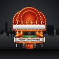 Cinema theatre building exterior. Movie entrance with retro light marquee banner vector illustration Royalty Free Stock Photo