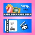 Cinema Ticket Concept. Vector Design with TV and PopCorn. Realistic Illustration,