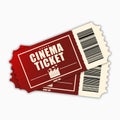Cinema ticket. Template of red realistic movie tickets isolated on white background. Vector. Royalty Free Stock Photo