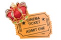 Cinema tickets with golden crown. 3D rendering Royalty Free Stock Photo