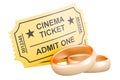 Cinema tickets with golden wedding rings, 3D rendering Royalty Free Stock Photo