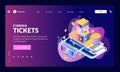 Cinema tickets online. Movie tickets office, 3d glasses, popcorn on gradient background. Vector isometric illustration