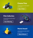 Cinema time film collection and movie award banners of isometric color design