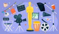 Cinema and TV. Festival film. Oscar award figurine. Movie director chair and reel. Popcorn glass. Filmmaking equipment Royalty Free Stock Photo