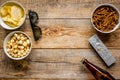 cinema and TV whatching with beer, crumbs, chips and pop corn wooden background top view mock-up