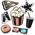 Cinema vector illustration set. Isolated objects on white background. Popcorn, star, pizza, paper cup drink, 3D glasses, tickets,