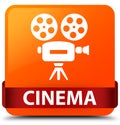 Cinema (video camera icon) orange square button red ribbon in mi Royalty Free Stock Photo
