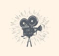 Cinema, video logo or label. Retro movie camera, TV vintage vector