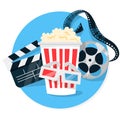 Cinema web banner concept. Pop corn, filmstrip, clapper