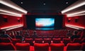 Cinema wide screen and people in red chairs in the cinema hall. Blurred People silhouettes watching movie performance