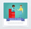 Cinema worker giving 3D glasses to visitor, people in cinema banner flat vector element for website or mobile app