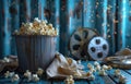 cinemas, popcorn, box and film reels with some popcorn