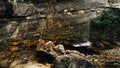 Cinematic aerial drone image of waterfall and a small pool deep in the rainforest jungle at Amboro National Park, Bolivia