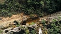 Cinematic aerial drone image of waterfall and a small pool deep in the rainforest jungle at Amboro National Park, Bolivia