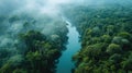 Cinematic, Aerial Photography, dense Amazon Rainforest, tropical wet climate, rich greens of the canopy, winding rivers