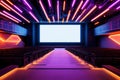 Cinematic auditorium with rows of seats, a large blank screen, and neon lighting Royalty Free Stock Photo