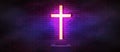Cinematic Christian cyberpunk web panoramic banner with glowing cross, sepulcher and neon lighted brick wall