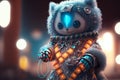 Cinematic Close-up: Adorable Robot in Designer Dress and Fur Stole Sparkles with 8K Detail and Glamorous Accessories