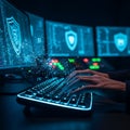 Cinematic close-up: Hands rapidly type on an illuminated ergonomic keyboard in a neon-lit control room, visualizing complex digita Royalty Free Stock Photo