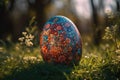 Cinematic close-up shot of a beautifully decorated Egg on grass generative AI
