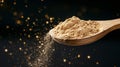 Cinematic close-up of Peruvian maca powder spilling from a rustic wooden spoon Royalty Free Stock Photo