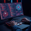 Cinematic digital illustration of rapid typing hands on an ergonomic keyboard in a secure, dimly lit server room, displaying compl Royalty Free Stock Photo