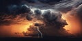 Cinematic dramatic stormy cloudscape. Clouds with lightning and thunder in the sky. Horizon from a plane. Weather