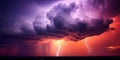 Cinematic dramatic stormy cloudscape. Clouds with lightning and thunder in the sky. Horizon from a plane. Weather