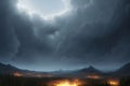 Dramatic and surreal image of bush or forest fires with a large dark clouds with an opening with sunlight in its center