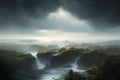 Cinematic and surreal cloudy and misty forest with mystical rivers and waterfalls, created with Generative AI technology