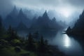 Cinematic and surreal forest with a ominous lake and misty sunset, created with Generative AI technology