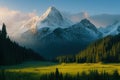 Cinematic and surreal image of green meadows in a forest with a large pointed ice covered mountain at sunset, created