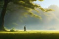 Cinematic and surreal image of a person walking through green meadows in harsh sunlight, created with Generative AI