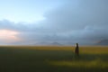 Cinematic and surreal image of a person walking through green meadows at sunset with blue mountains in the background,