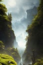 Cinematic and surreal misty forest with cliff covered in heavy mist leading to high sharp mountains, created with
