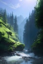 Cinematic and surreal misty forest with river and waterfalls, created with Generative AI technology