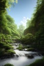 Cinematic and surreal misty forest with river and waterfalls, created with Generative AI technology