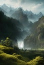 Cinematic and surreal misty forest with river and waterfalls, created with Generative AI technology