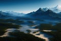 Cinematic and surreal natural contradictions green growth on dessert floor with sharp peaked ice capped mountains, Royalty Free Stock Photo