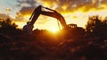Cinematic excavator digging at an open construction site, glowing sunset light and dramatic shadows Royalty Free Stock Photo