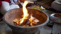 Cinematic footage of Havan or Yagya , a Hindu ritual of offering substances to a holy fire while chanting mantras.Uttarakhand