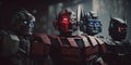 cinematic graphic view of a team of dirty rusty transformer robots