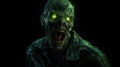 Cinematic green radiated zombie mouth open angry full shot full body green glowing eyes yelling looking to the side