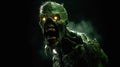 Cinematic green radiated zombie mouth open angry full shot full body green glowing eyes yelling looking to the side